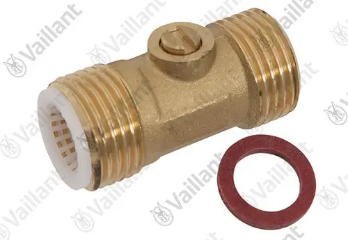 Vaillant Hahn mit Gewindeanschlüssen und einer Dichtung. Der Hahn hat einen manuellen Einstellmechanismus und ist für die Verwendung in Heizungsanlagen geeignet.
